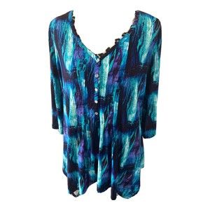 Cocomo Top Blouse 1X Blue Green Long Sleeve Button Up Collar Shark Bite Cut